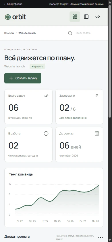 Mobile: адаптивный интерфейс ORBIT на экране 390 пикселей